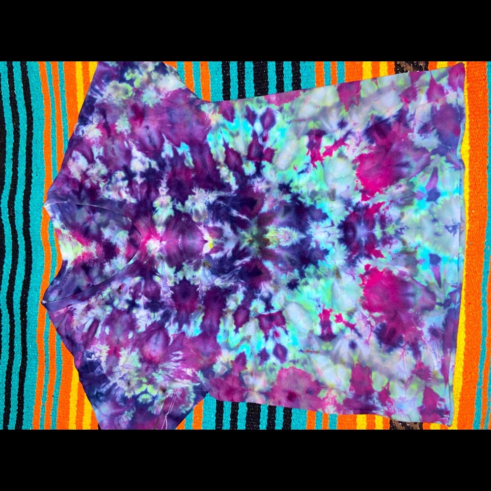 Trippy Hand-Tie Dyed Cotton V-neck Shirt. Small